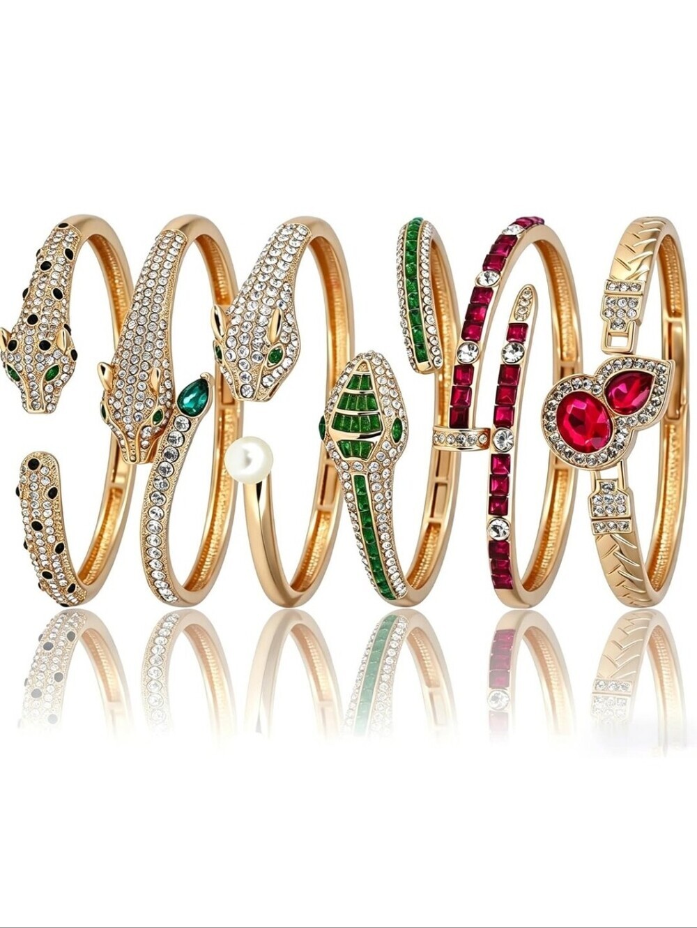 Gold-Tone Snake & Gemstone Bangle Bracelet Set - Red & Green Accents